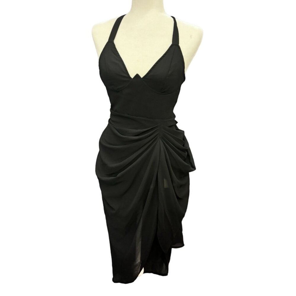 PrettyLittleThing Dress Black Pleated Draped Midi US 2